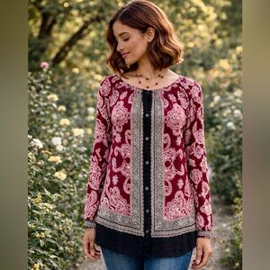 Lucky Brand Brick Red & Black Long Sleeve Boho Blouse